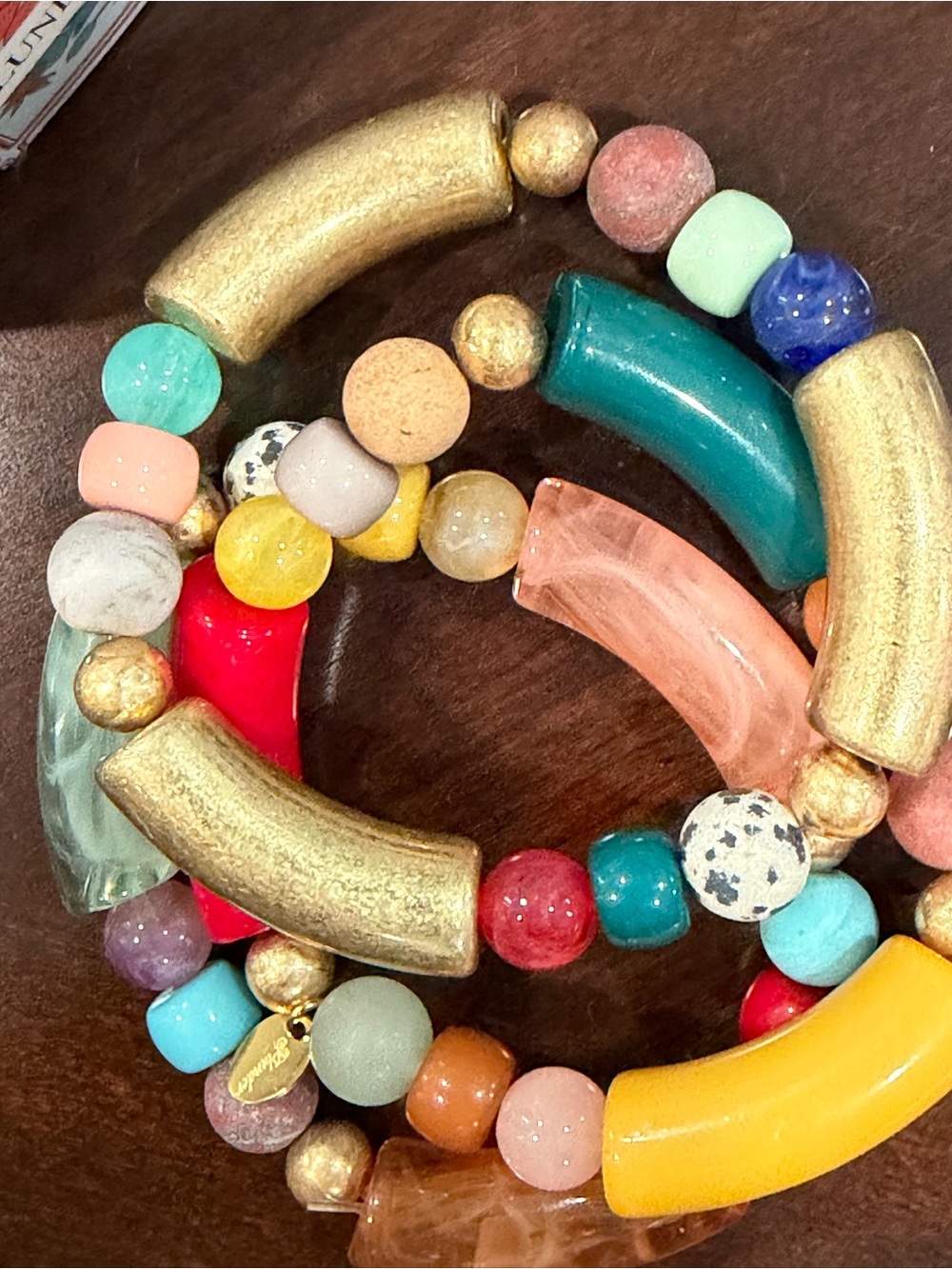 Boho Natural Stone Stretch Bracelet Stack Mixed Bead Gold Tube Set Of 3 New